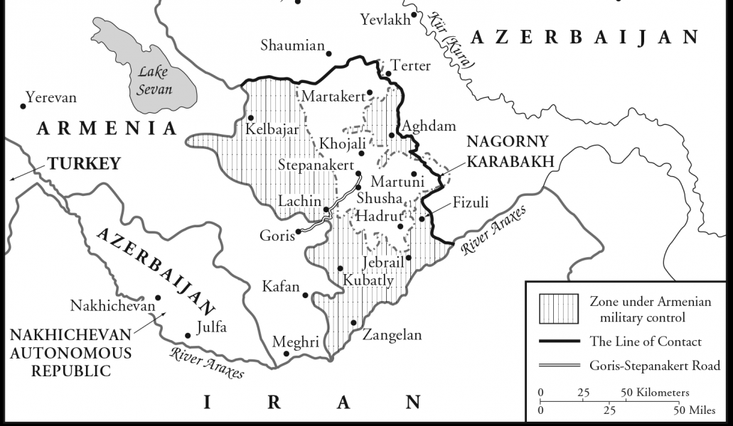 Kaart uit de publicatie van Thomas de Waal: 'The Nagorny Karabakh Conflict in its Fourth Decade'